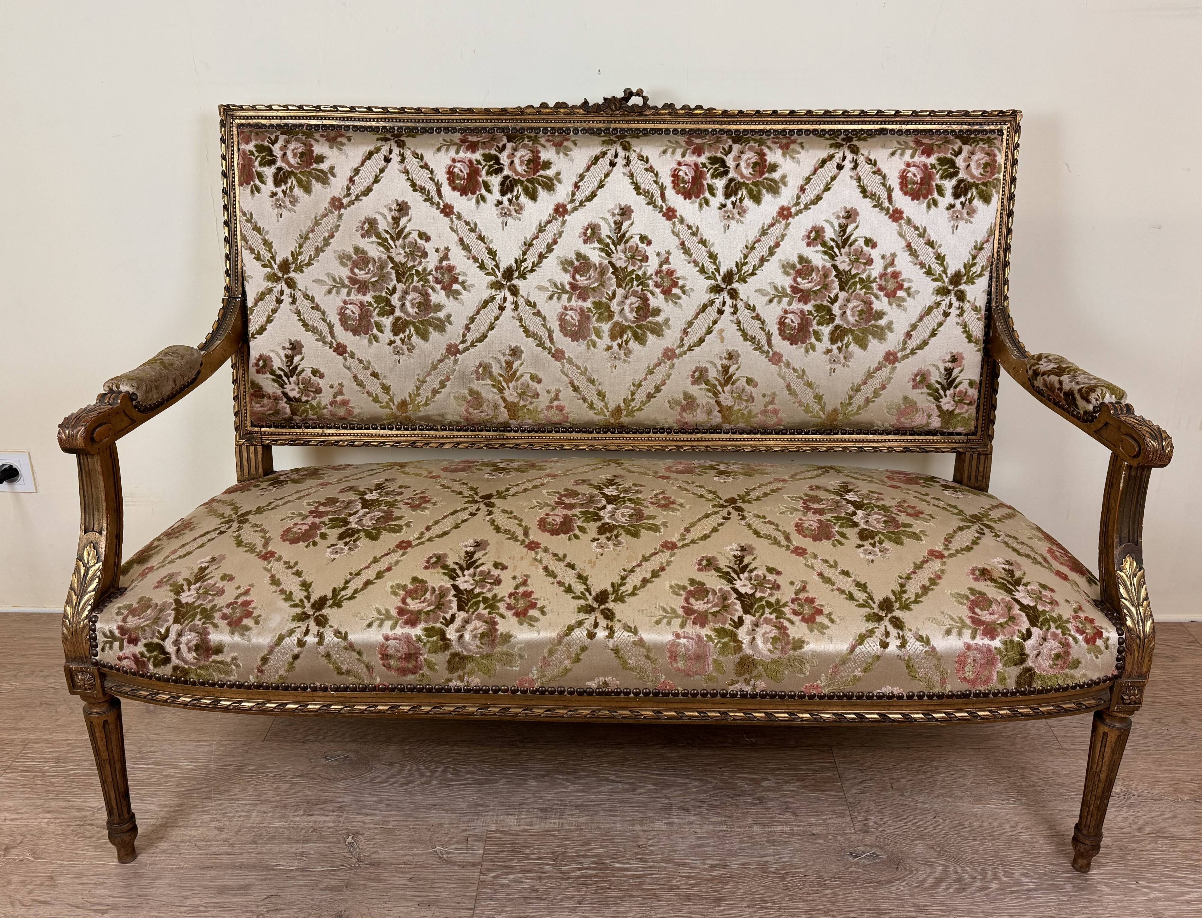 Louis XVI Style Bench In Golden Wood, mid-19th century