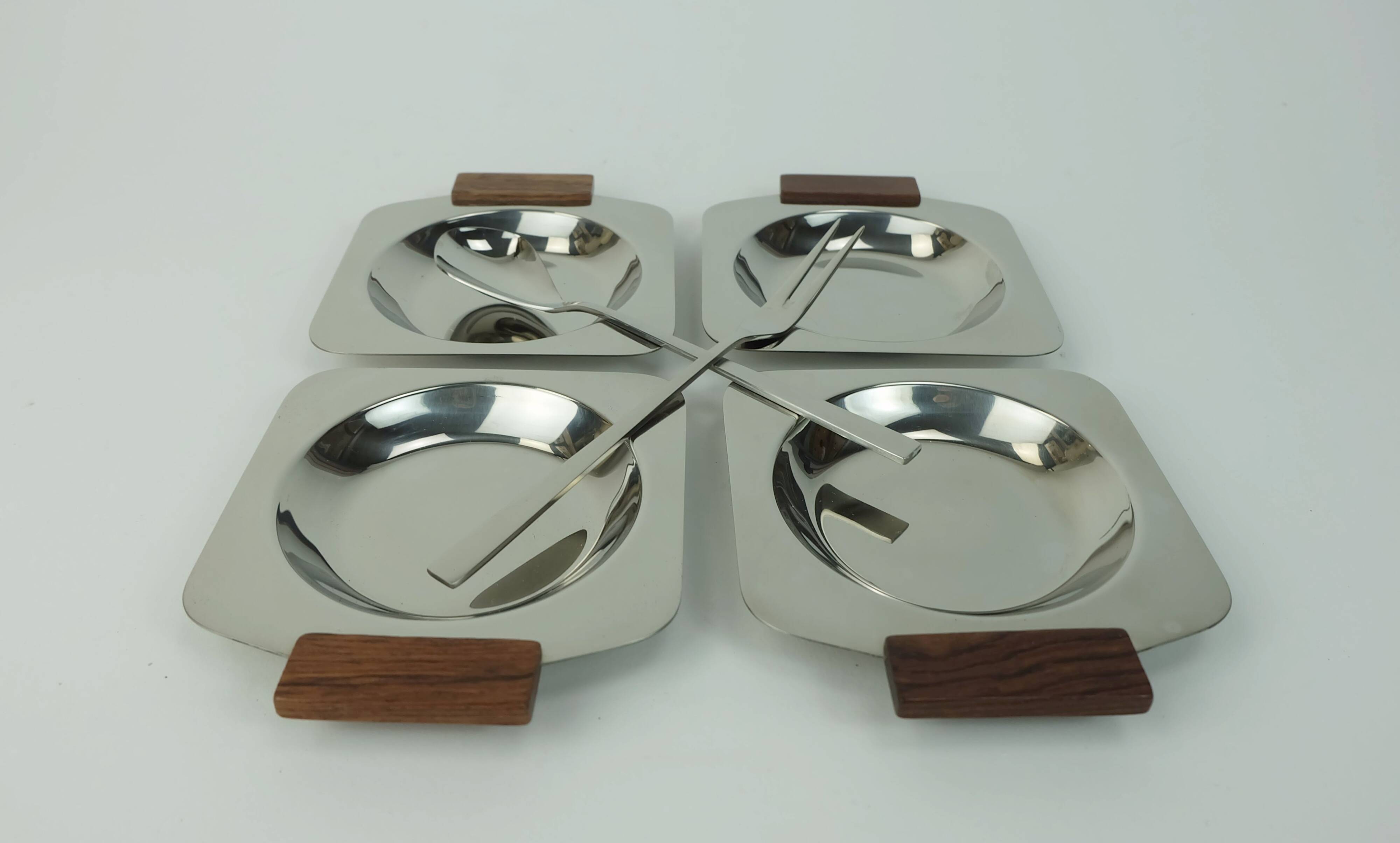 BOWL SET dip bowls party serving set stainless steel and wood 1960s