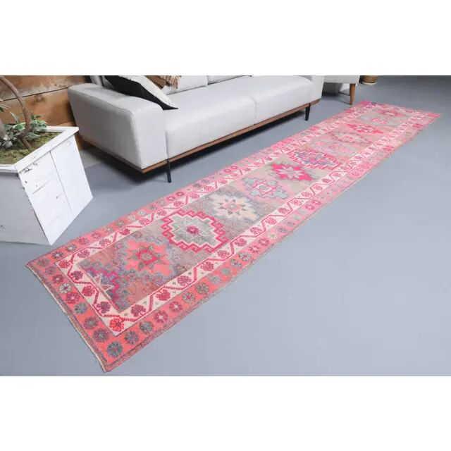 Vintage Turkish Oushak Handmade Wool Cotton Pink Runner 85x387