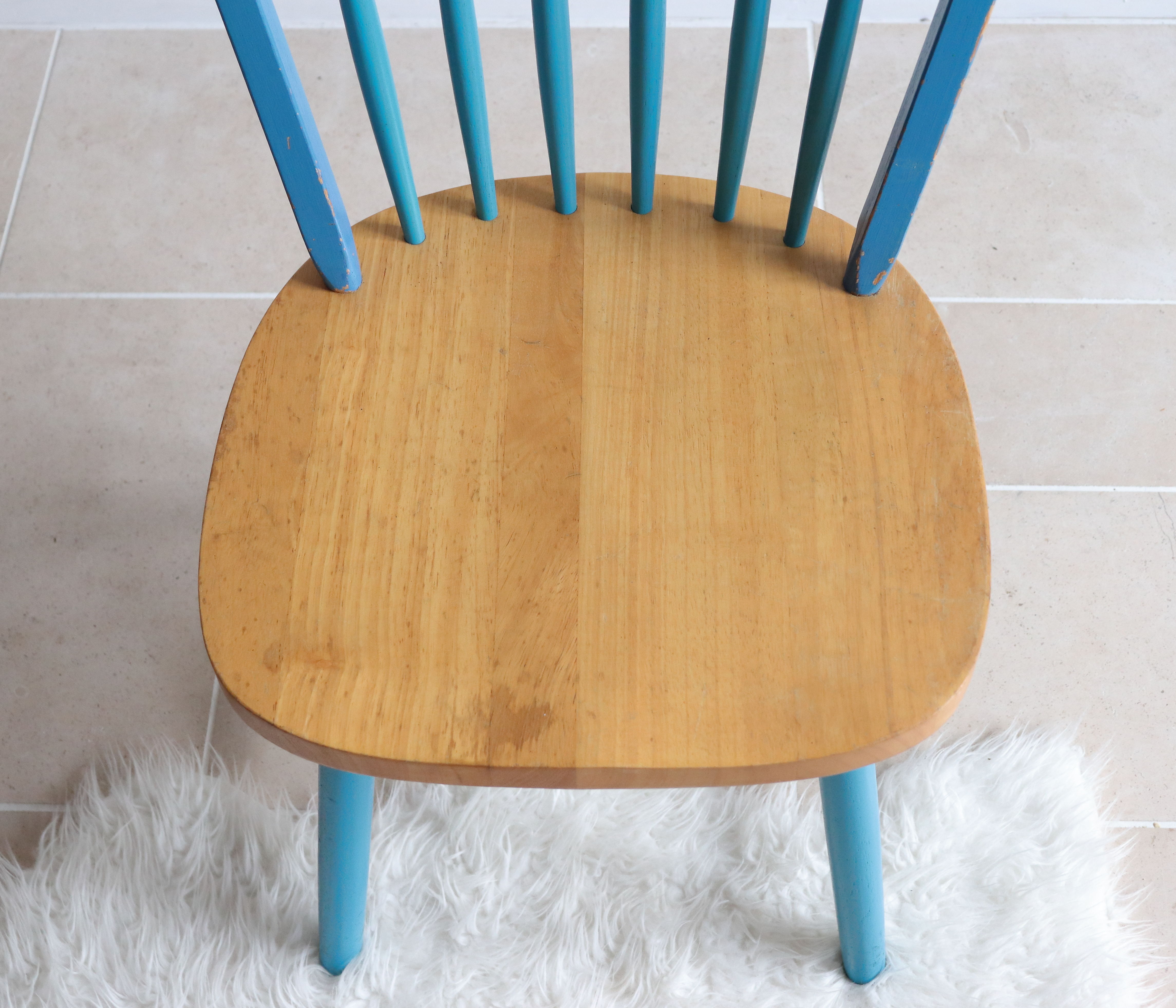 Pair of vintage Scandinavian Windsor chairs with blue bars