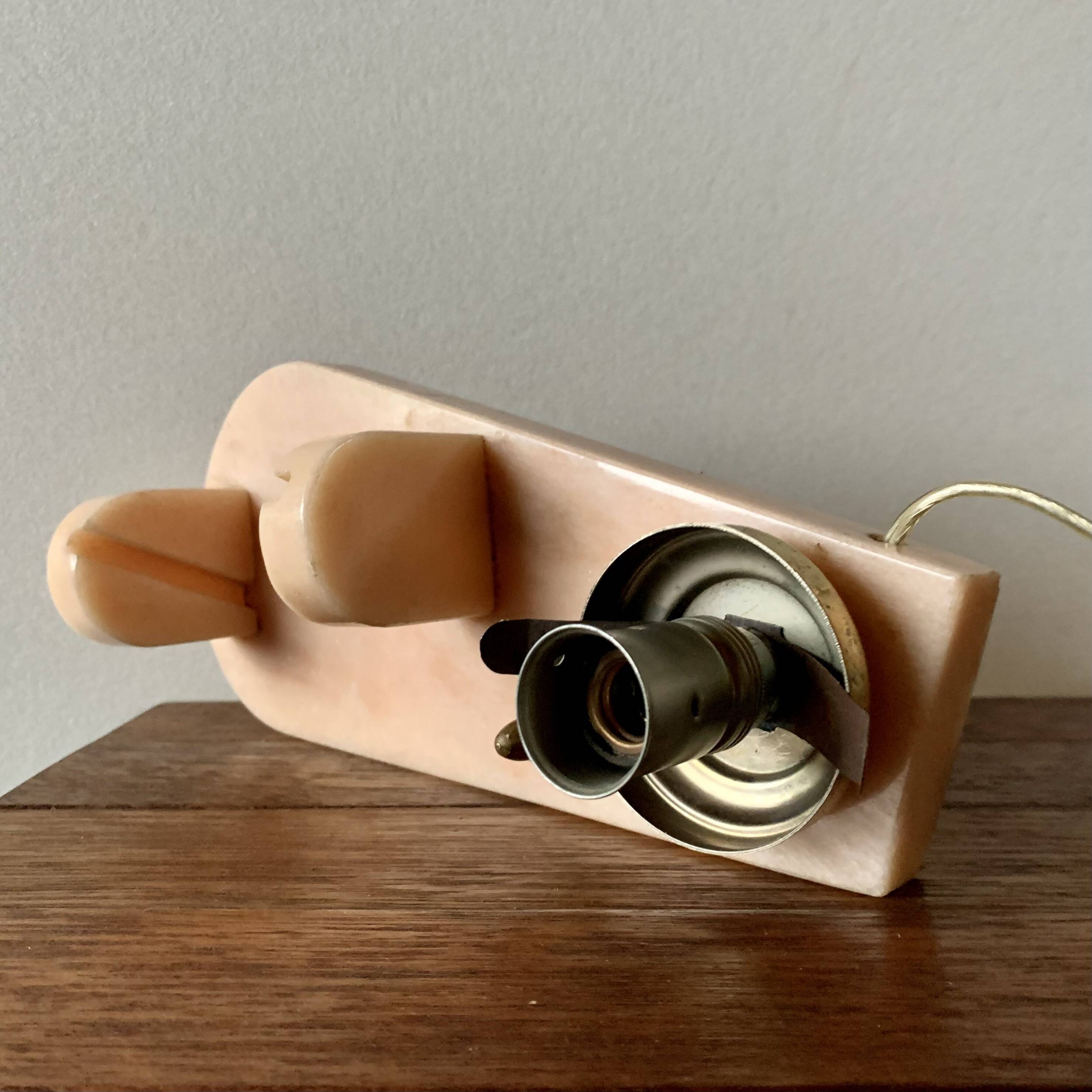 Art Deco pink marble and glass bedside lamp with photo holder