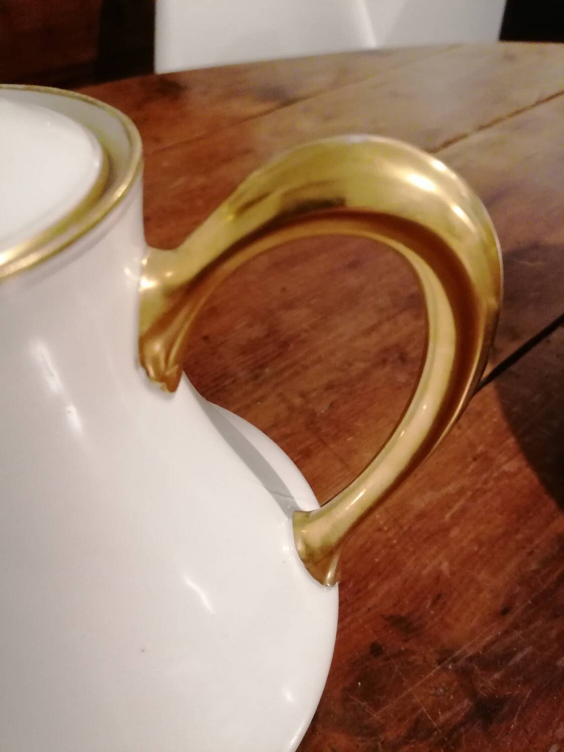 Old white and gold Limoges porcelain coffee maker