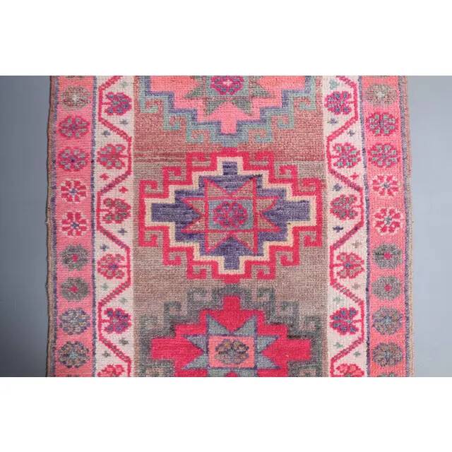 Vintage Turkish Oushak Handmade Wool Cotton Pink Runner 85x387