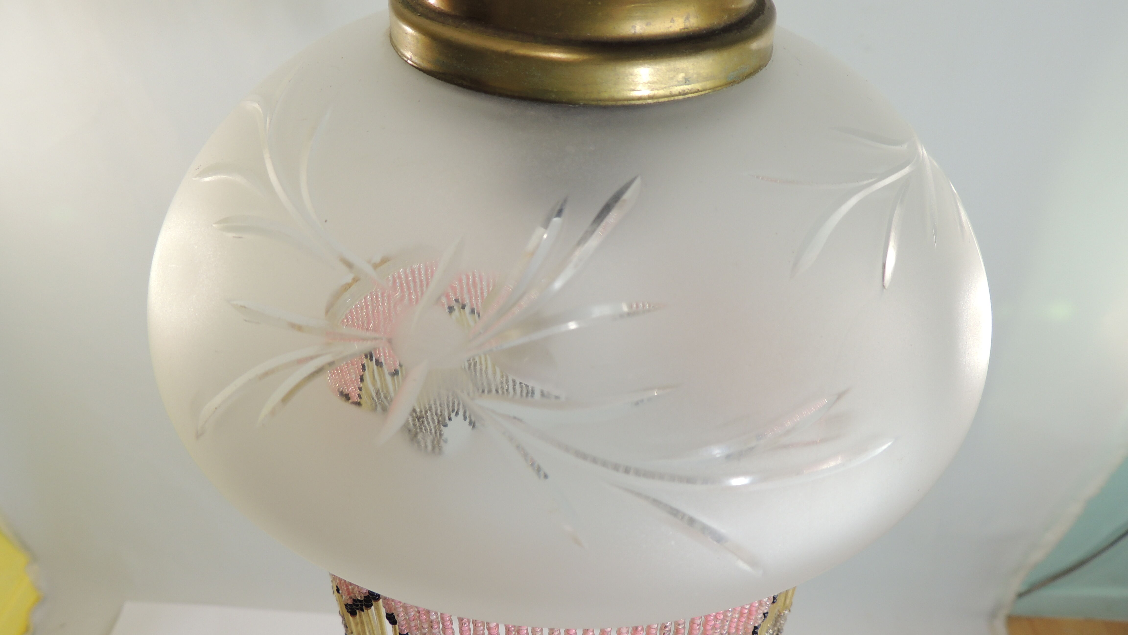Charleston pendant lamp / engraved and frosted glass and glass bead fringe / vintage