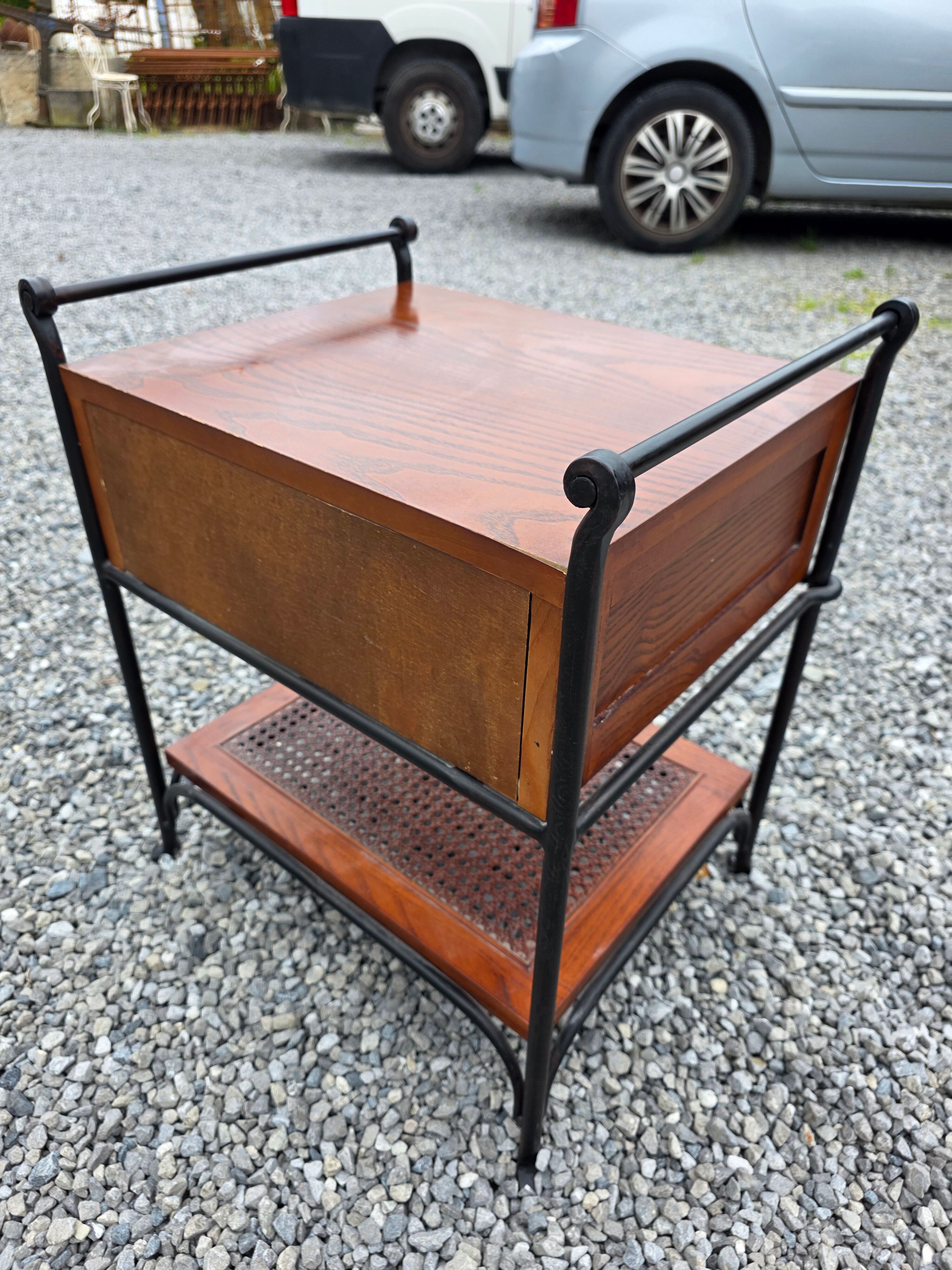 Vintage bedside table in solid oak and wrought iron.