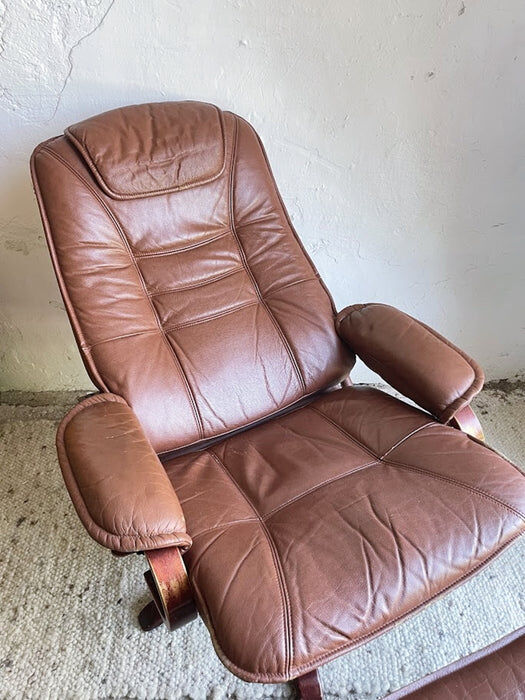 Scandinavian brown leather recliner lounge chair with ottoman, circa 1990