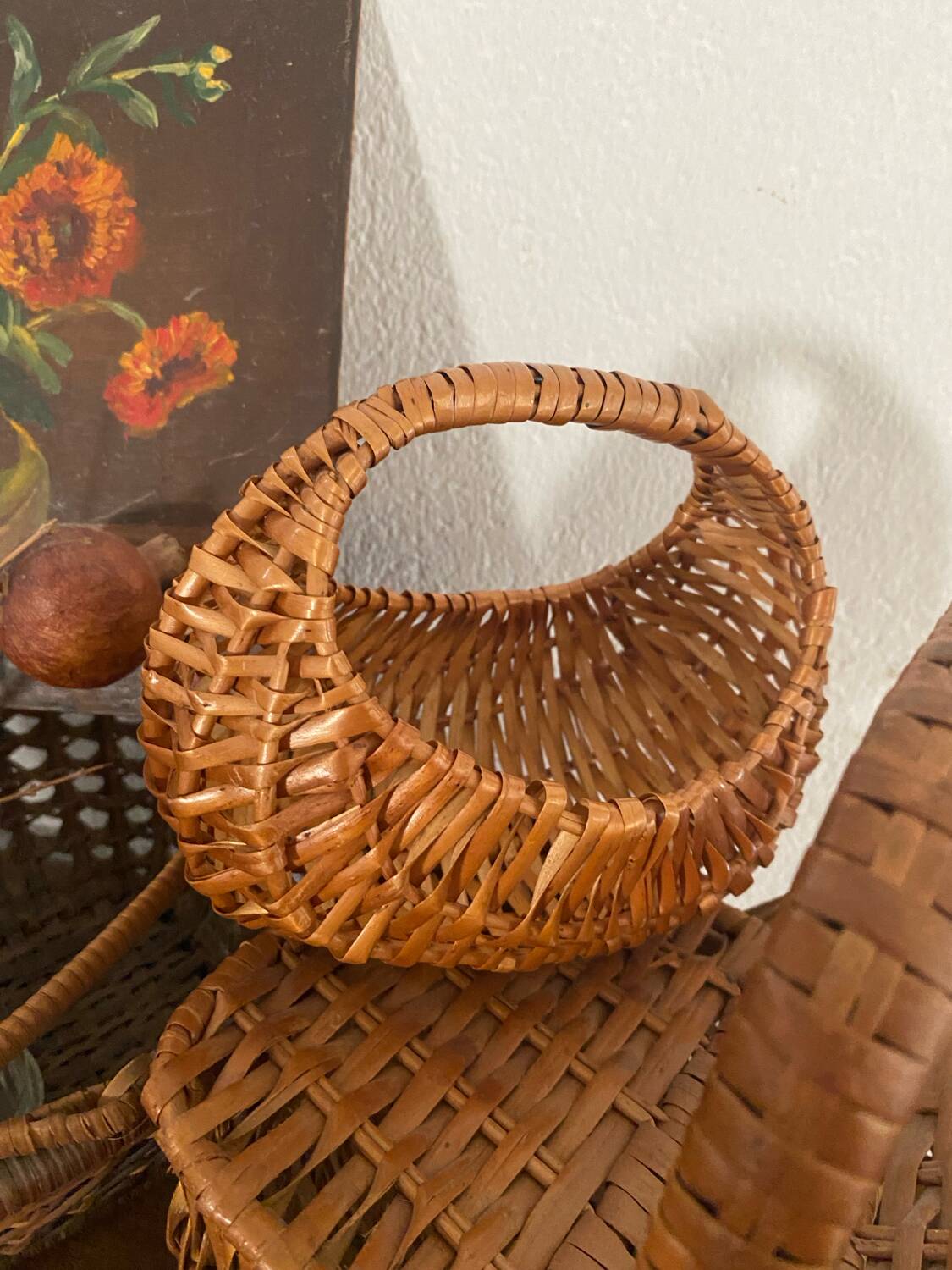 Old baskets and woven wicker basket.