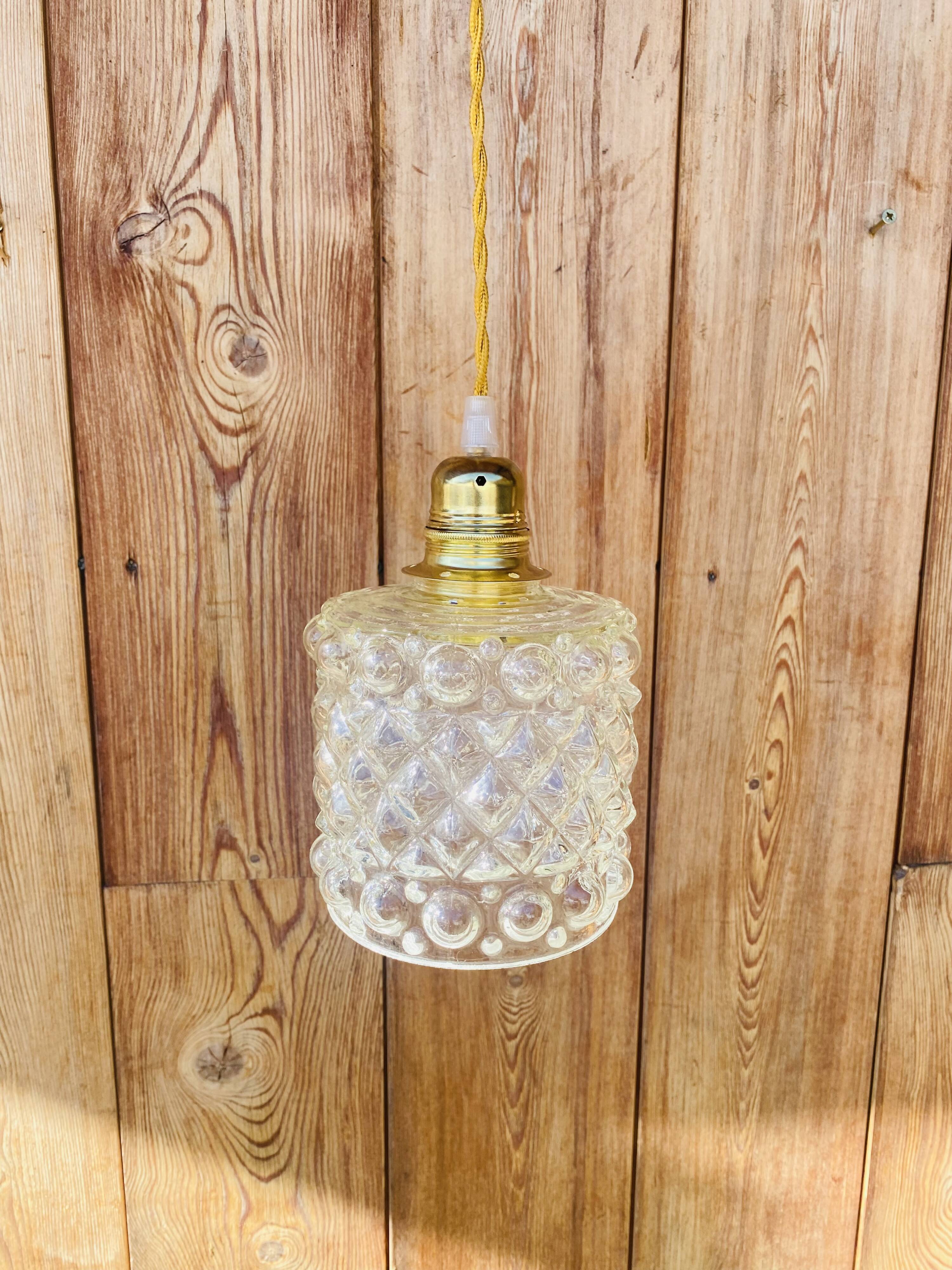 Globe hanging lamp in vintage bubbled molded glass