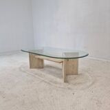 Italian Coffee Table in Travertine and Facet Cut Glass, 1980s