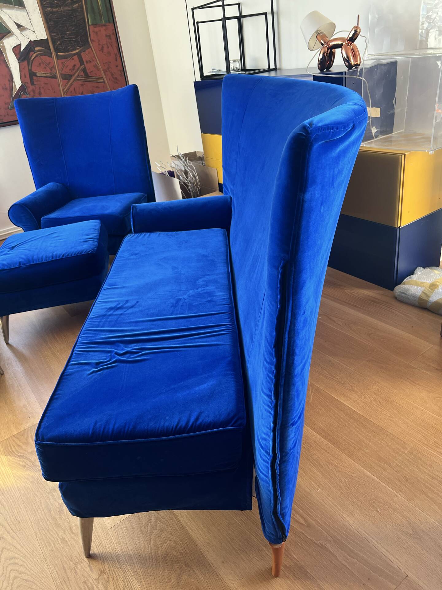Blue velvet sofa Philippe Starck model Royalton