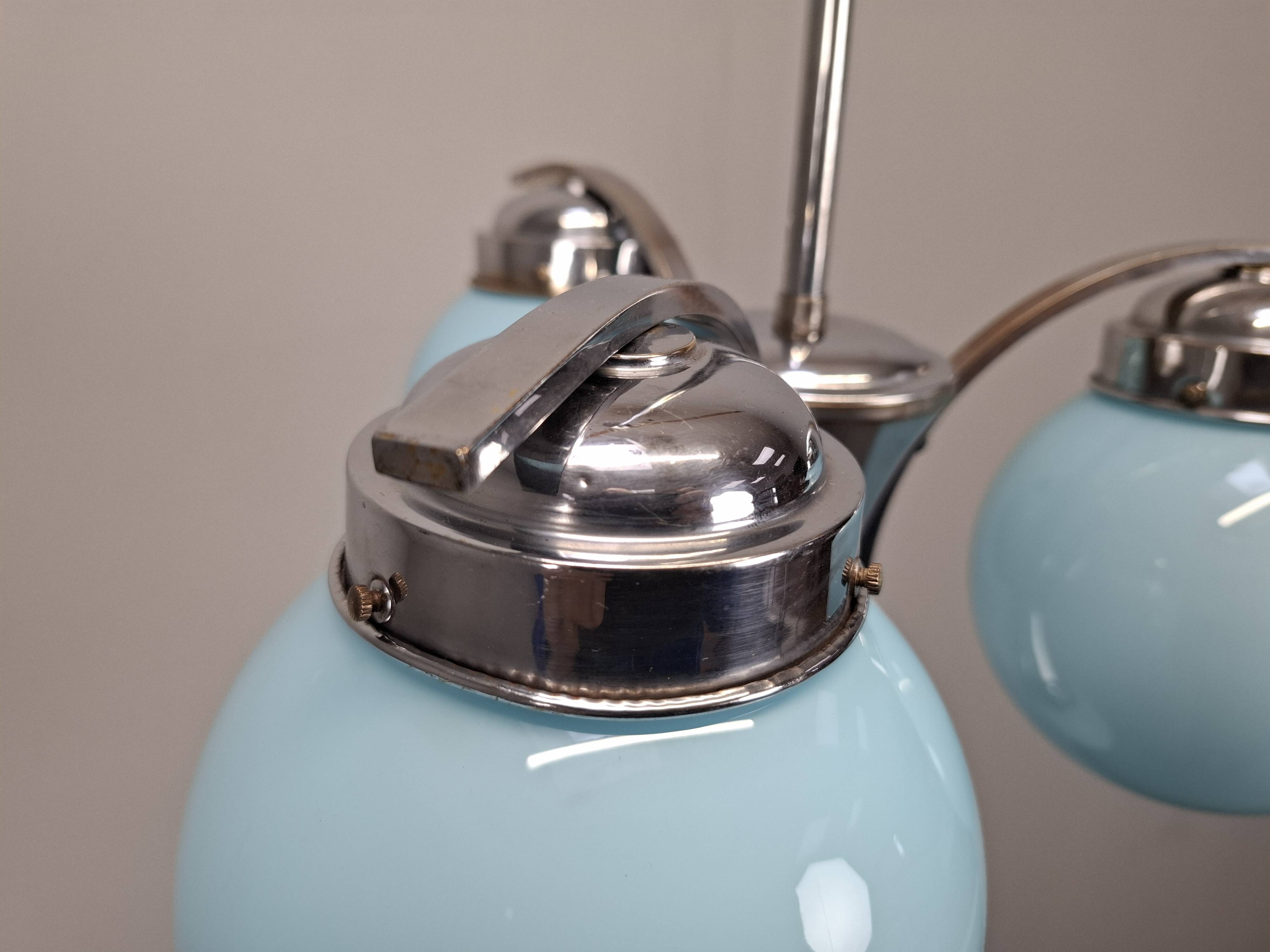 1930s Czech Art Deco Blue Opaline Glass and Chrome Four-Light Chandelier