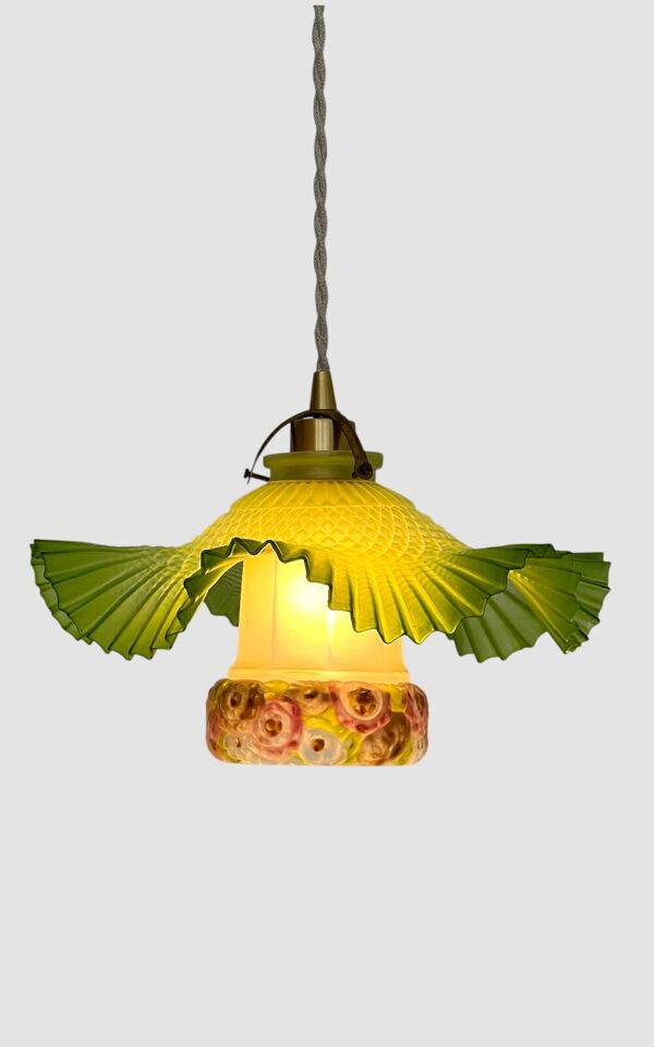 Suspension opaline plissée et tulipe verre art déco