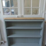 Vintage shallow bookcase, re-enchanted in gray green, wooden tray.
