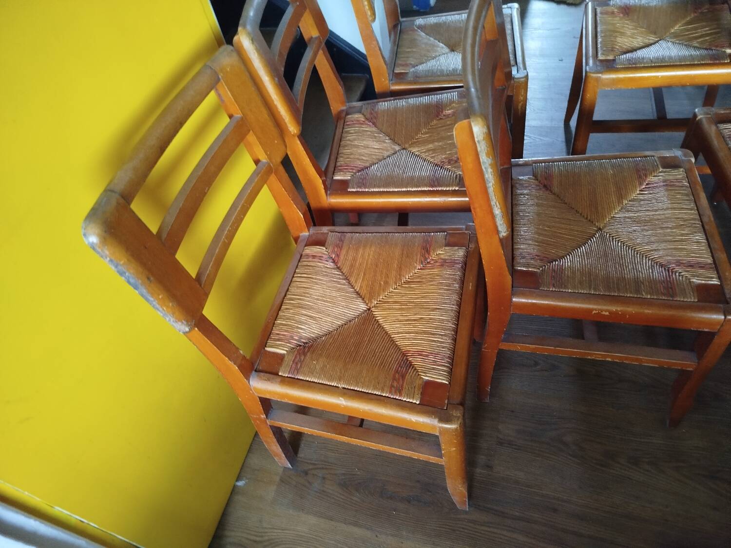 Set of 6 vintage straw chairs – Pierre Cruège – 1950s