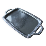 Vintage silver-plated metal tray with handles and embossed pattern