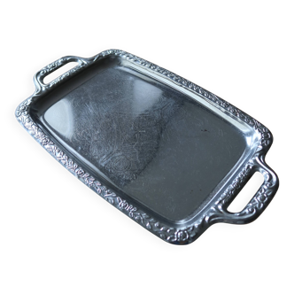 Vintage silver-plated metal tray with handles and embossed pattern