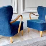 Pair of wing chairs flesh Scandinavian Danish 50s 60s blue