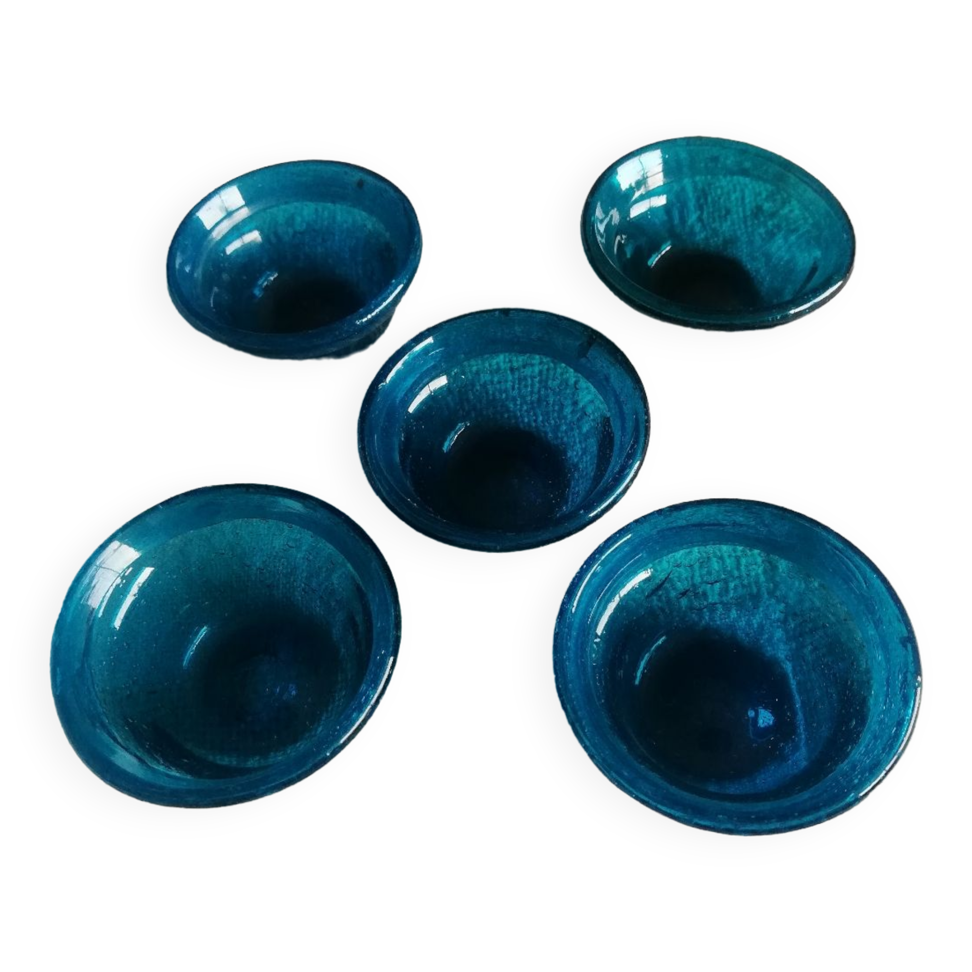 Set of five turquoise cups blown glass