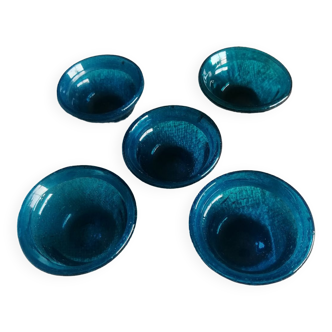 Set of five turquoise cups blown glass