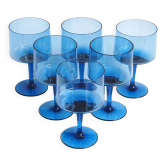 Set of 6 vintage cobalt blue wine glasses - Boussu glassware