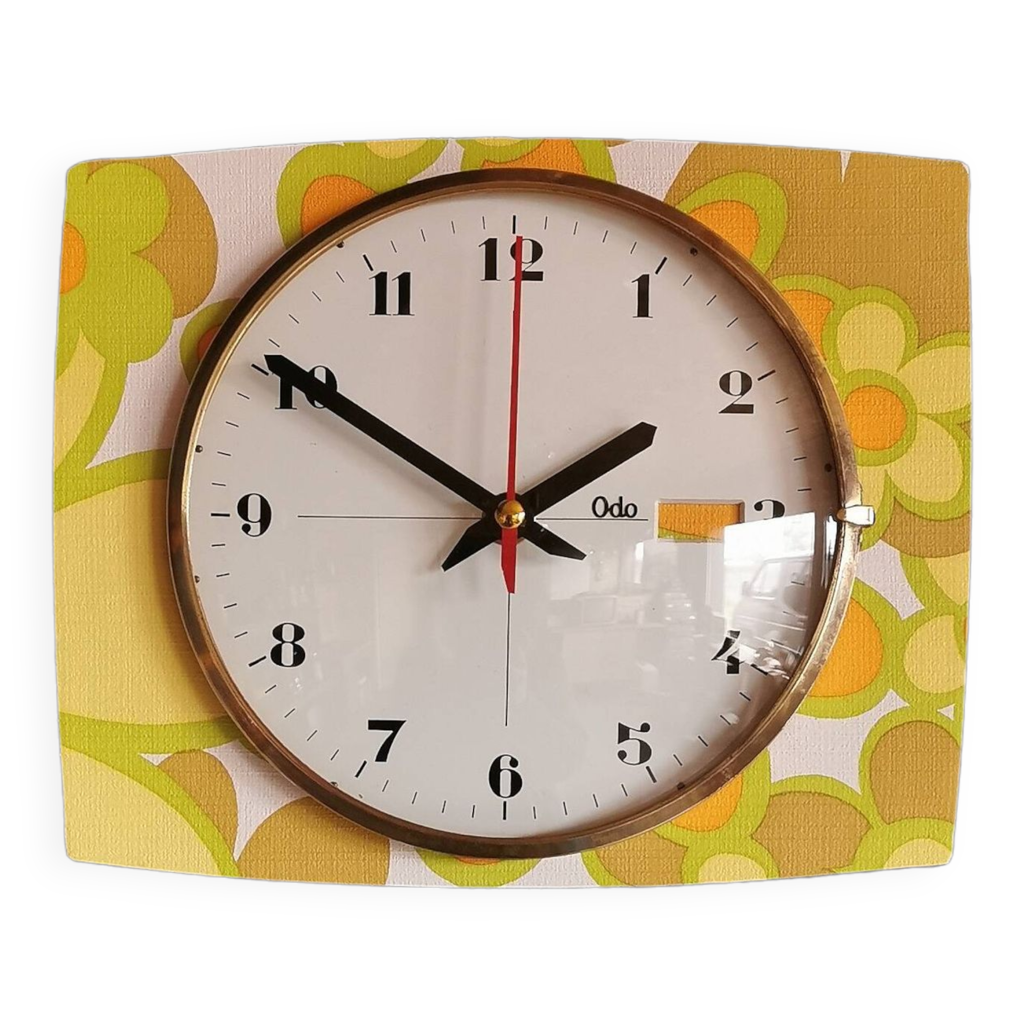 Vintage formica clock rectangular silent wall pendulum "Odo flowers"