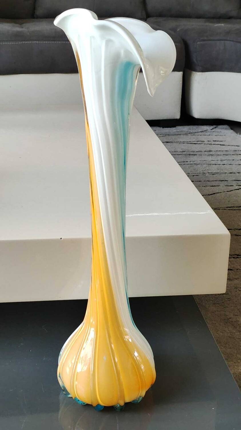 Antique large soliflore vase in venetian opaline glass, jack in the pulpit/murano. arum flower collar/triple multi-colored twisted overlay. high 40 cm