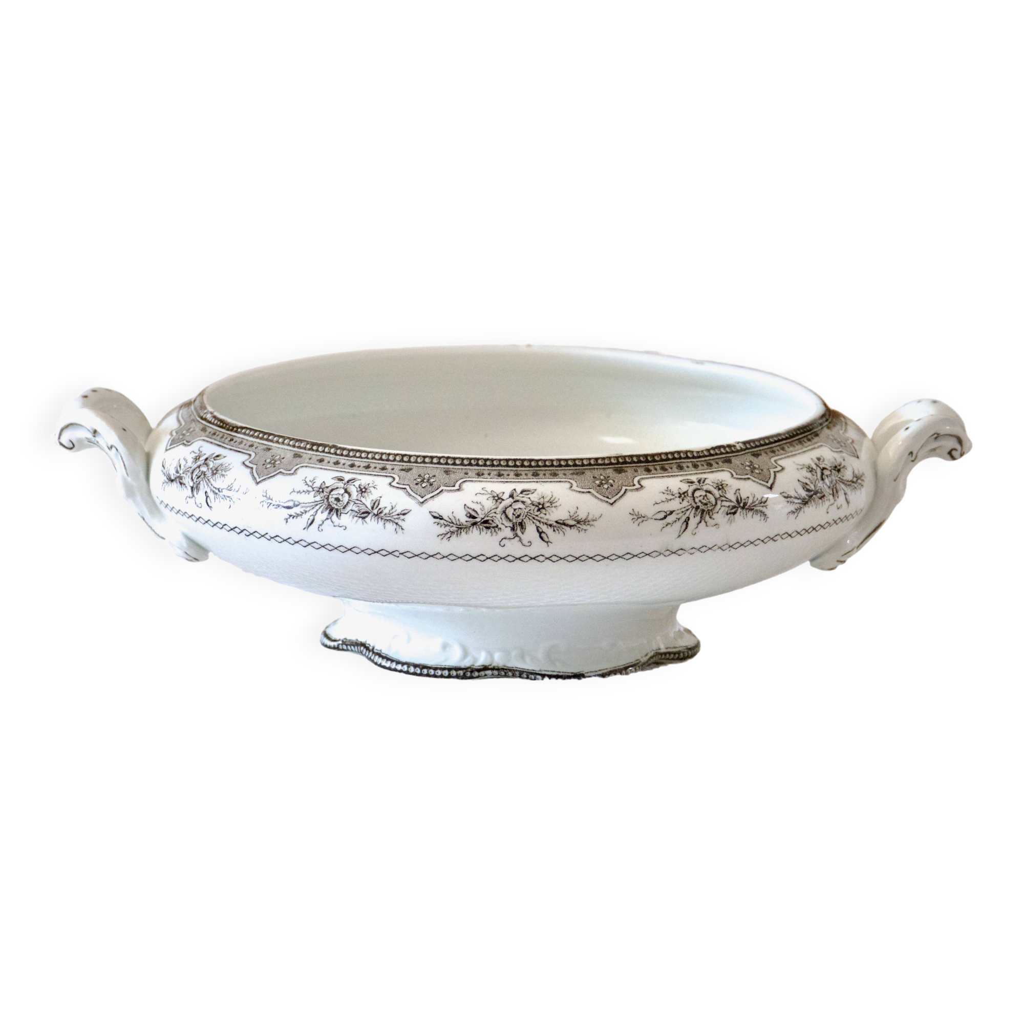 19th century vegetable dish, iron earth Onnaing, sepia, moss roses