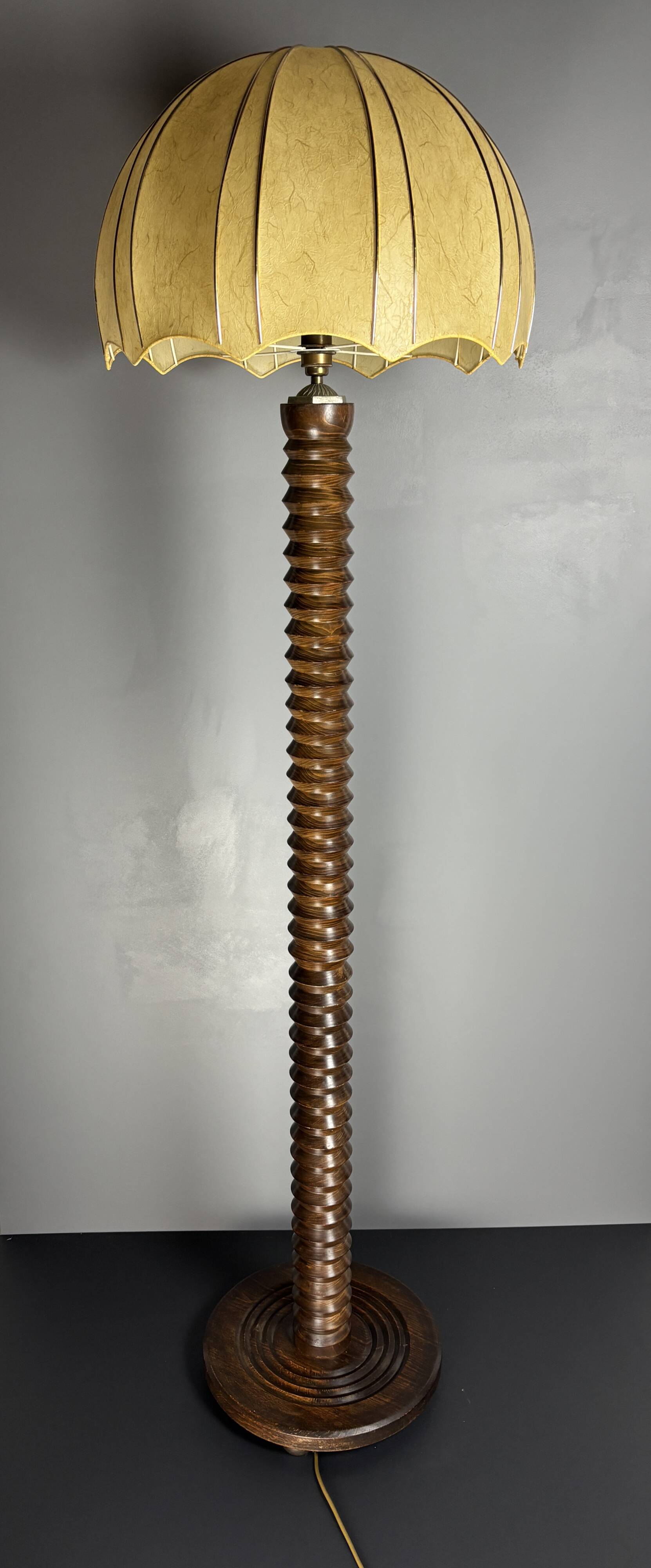 Brutalist midcentury wood turned cocoon floor lamp