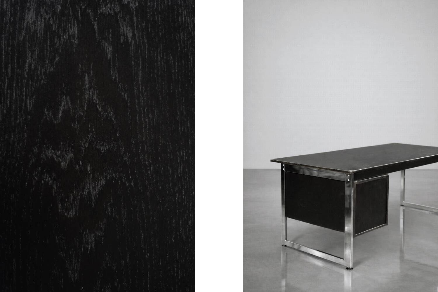 Vintage Mid-Century Danish Modern Minimalist Black Oak Desk with Chrome Base