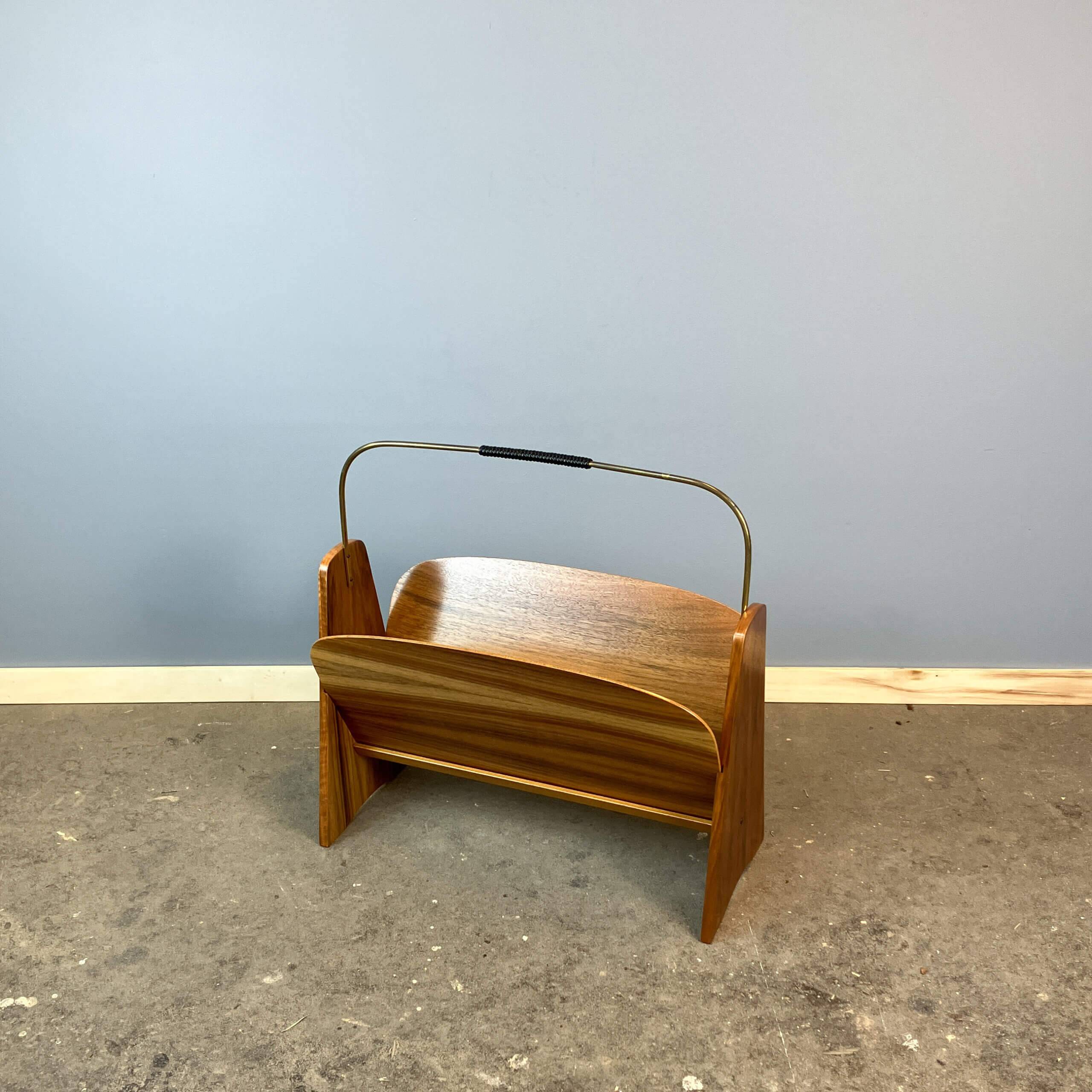Newspaper rack, walnut with brass, 1960s