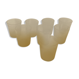 8 glasses with amber bubbled blown glass water