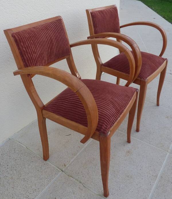 2 Chic 50s Bridge Armchairs Completely Refurbished in Solid Wood with Rust Velvet Seat