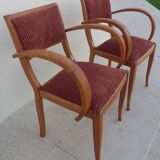 2 Chic 50s Bridge Armchairs Completely Refurbished in Solid Wood with Rust Velvet Seat