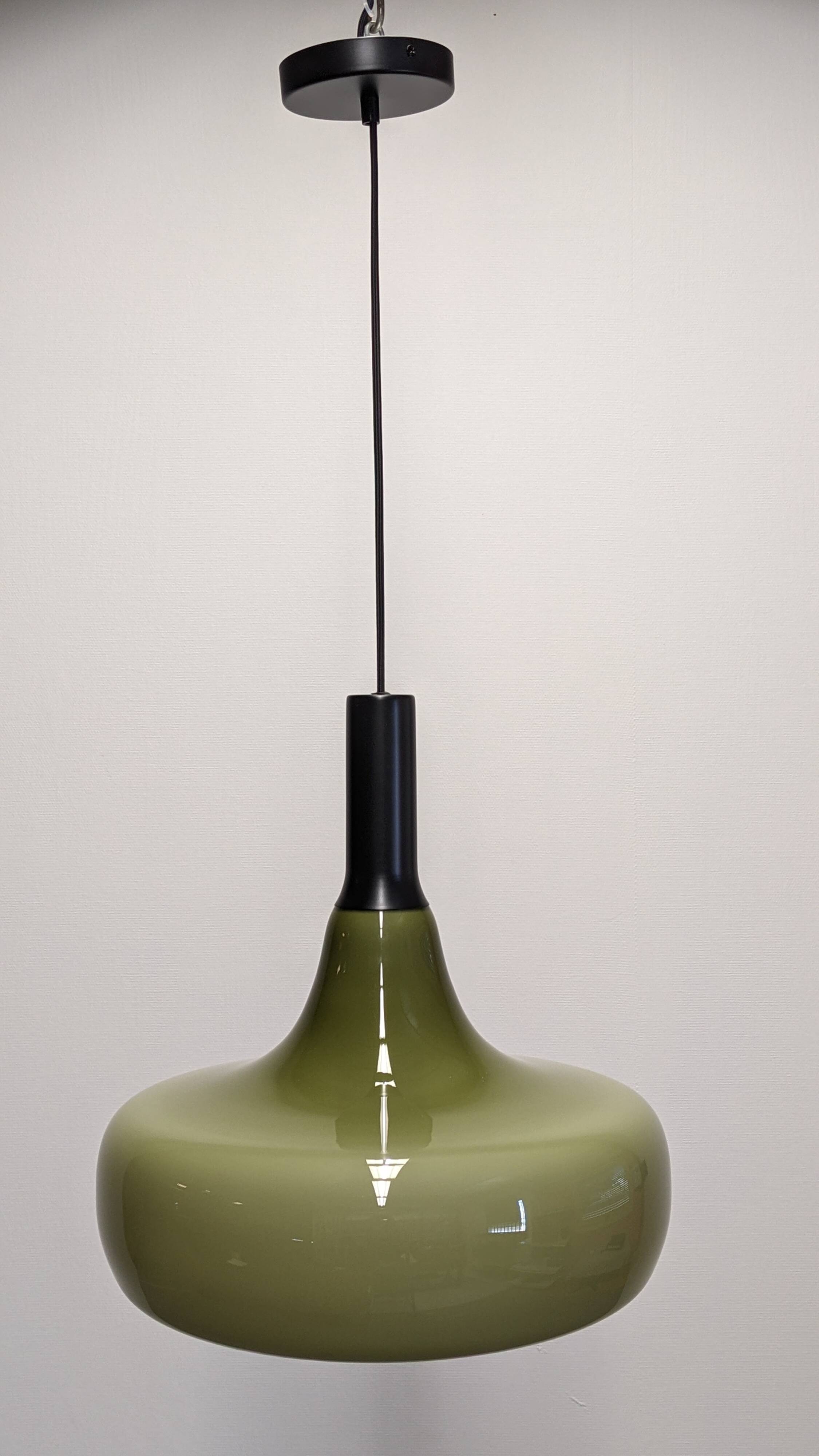 XL olive green opaline water drop pendant light from the 60s/70s