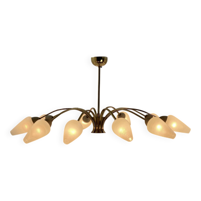 Lustre en laiton, verres texturés, 1960