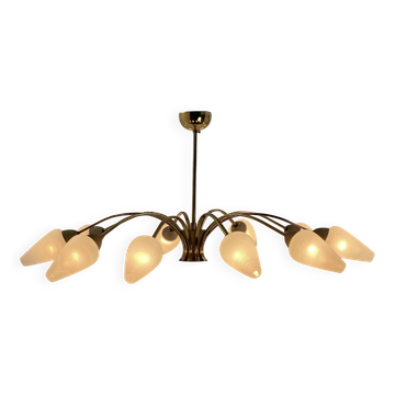 Brass chandelier, textured glass, 1960.