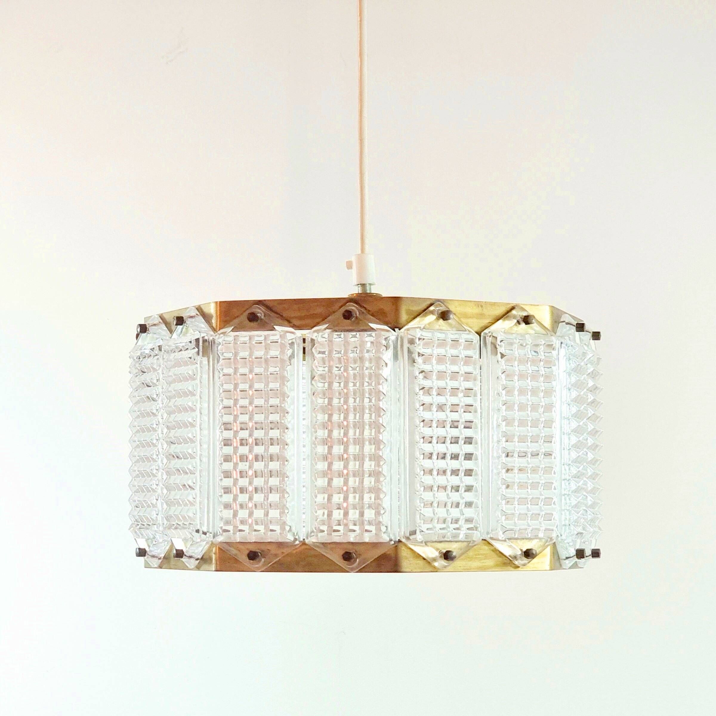 Mid-Century Scandinavian Glass & Brass Ceiling Light by Wiktor Berndt for Flygsfors, Sweden, 1960s