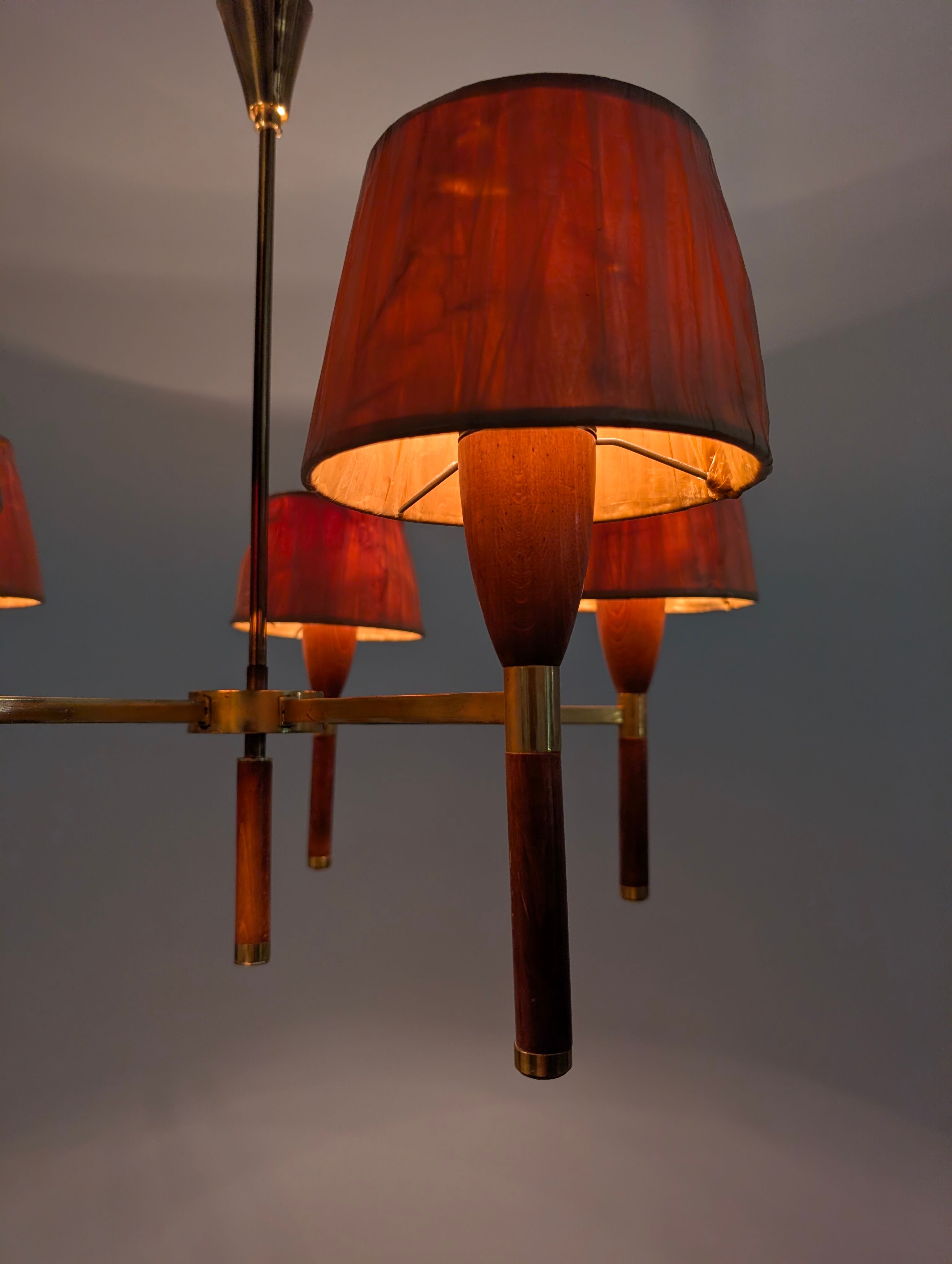 Danish five-arm lamp in wood and brass, 1950s