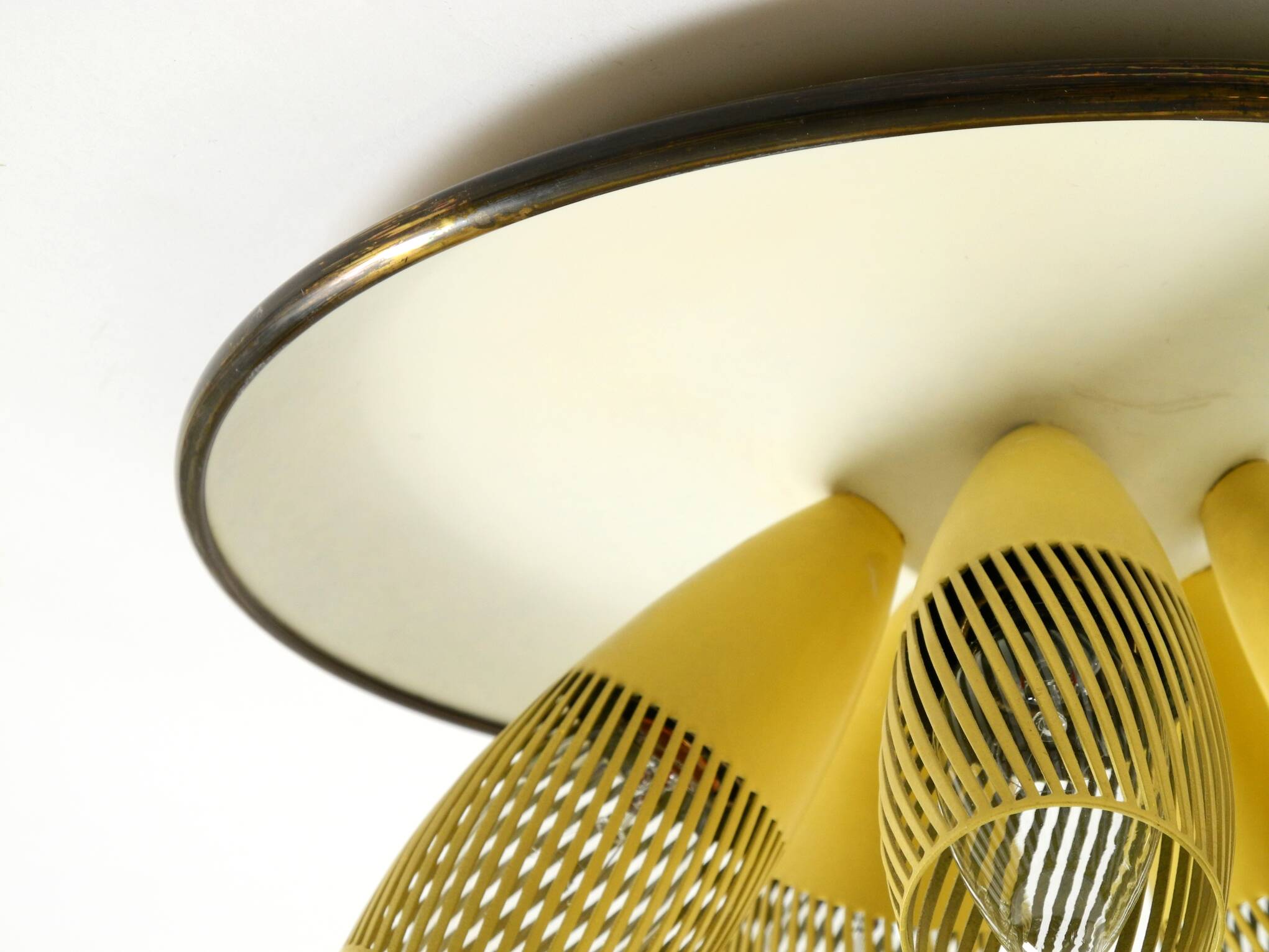 Very rare 5-arm mid-century modern metal bag ceiling lamp with round white
