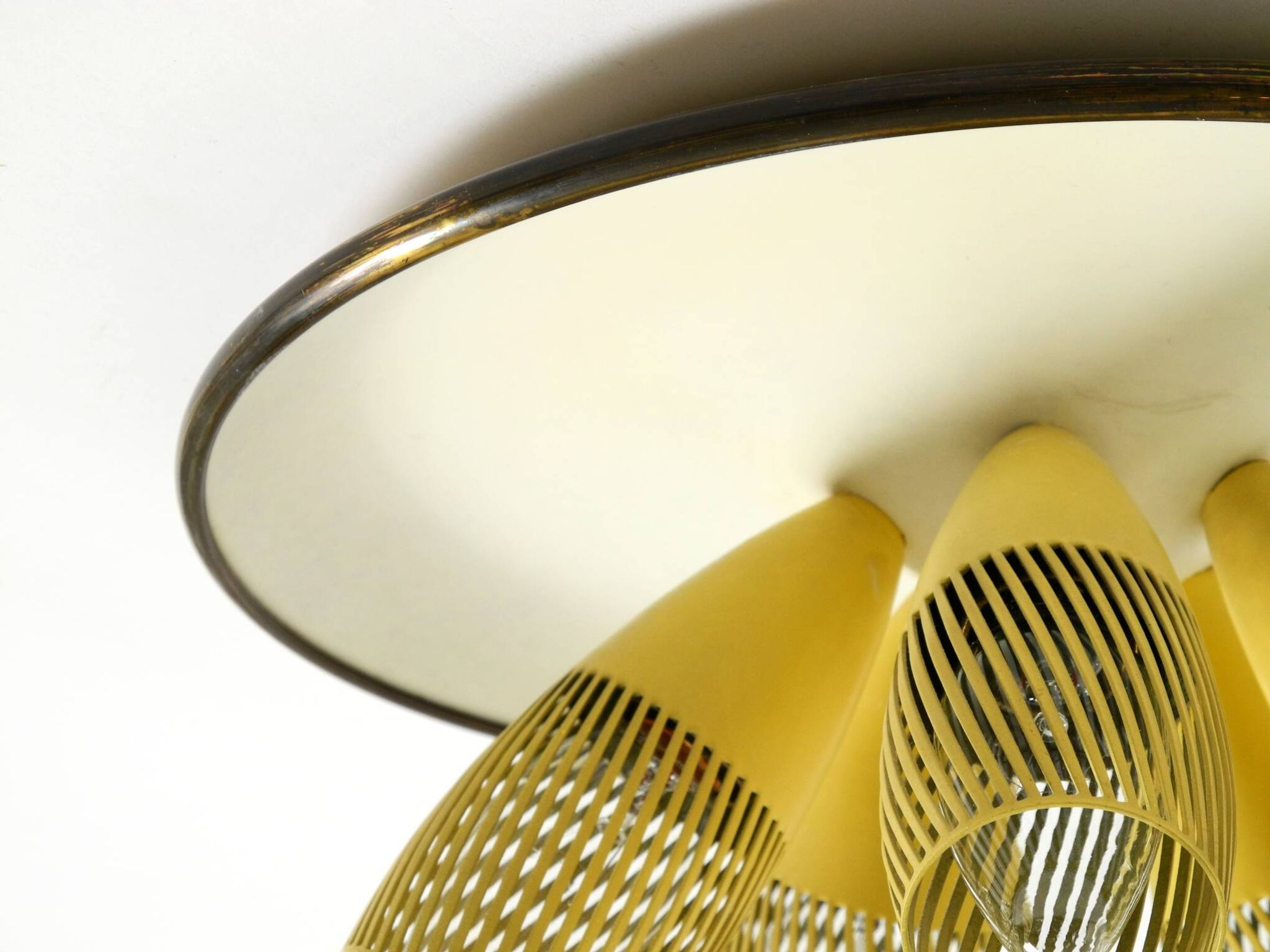Very rare 5-arm mid-century modern metal bag ceiling lamp with round white