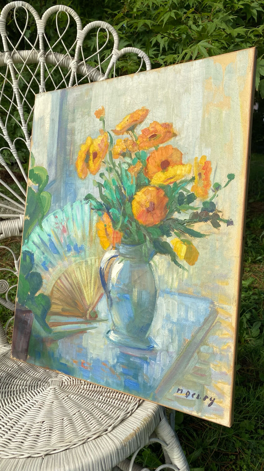Still life with bouquet and fan, painting on canvas.