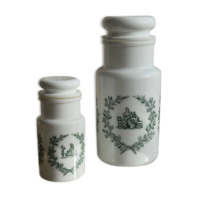 Duo de flacons en verre blanc motifs verts italiens