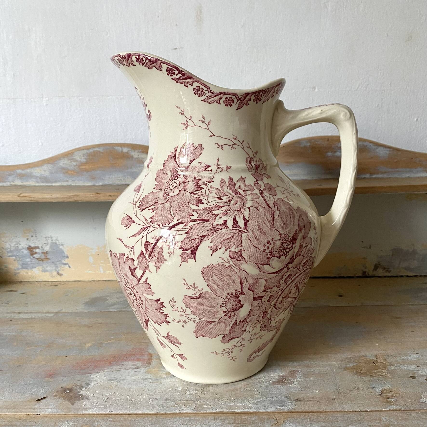 Large ironstone jug St Amand Anemone, antique pitcher