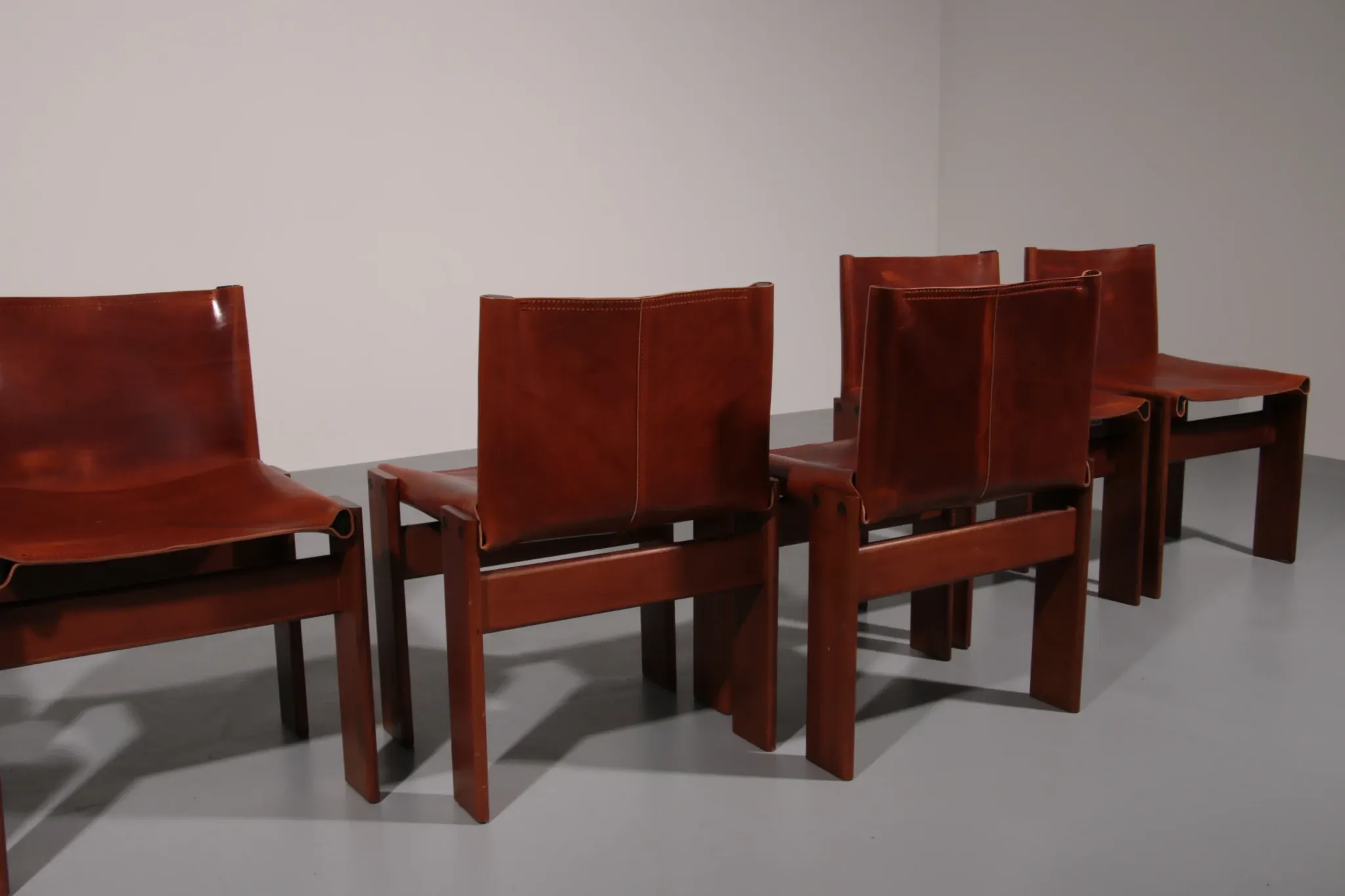 Tobia & Afra Scarpa 'Monk' chairs – walnut & cognac saddle leather