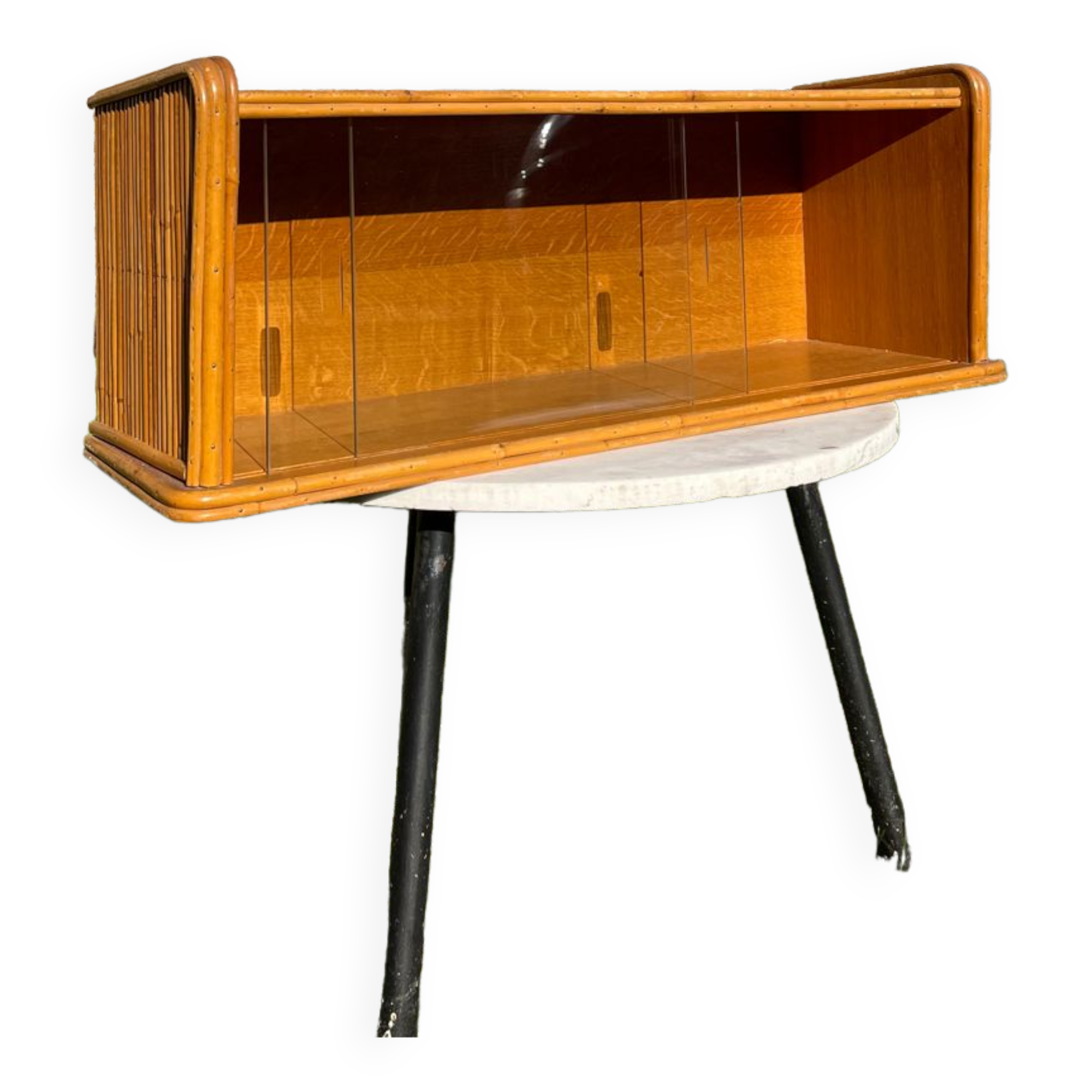 Vintage wall display case 1950 oak and wicker