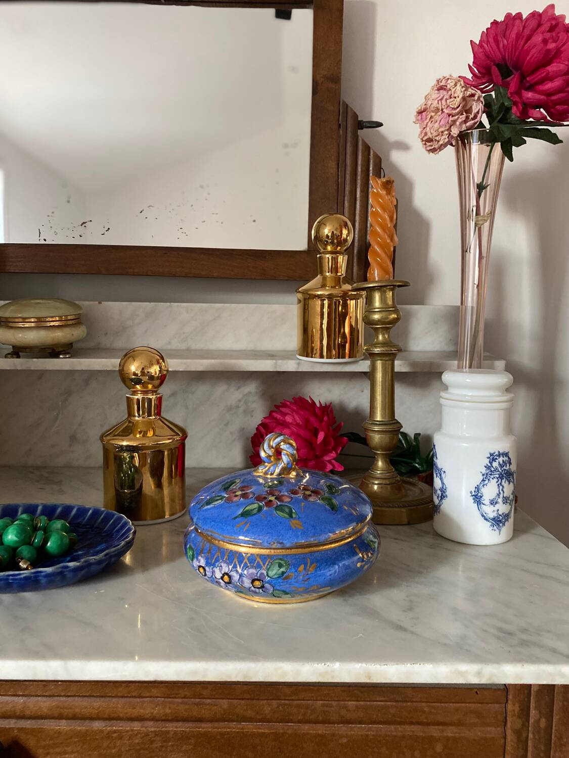 Old blue earthenware jewelry box
