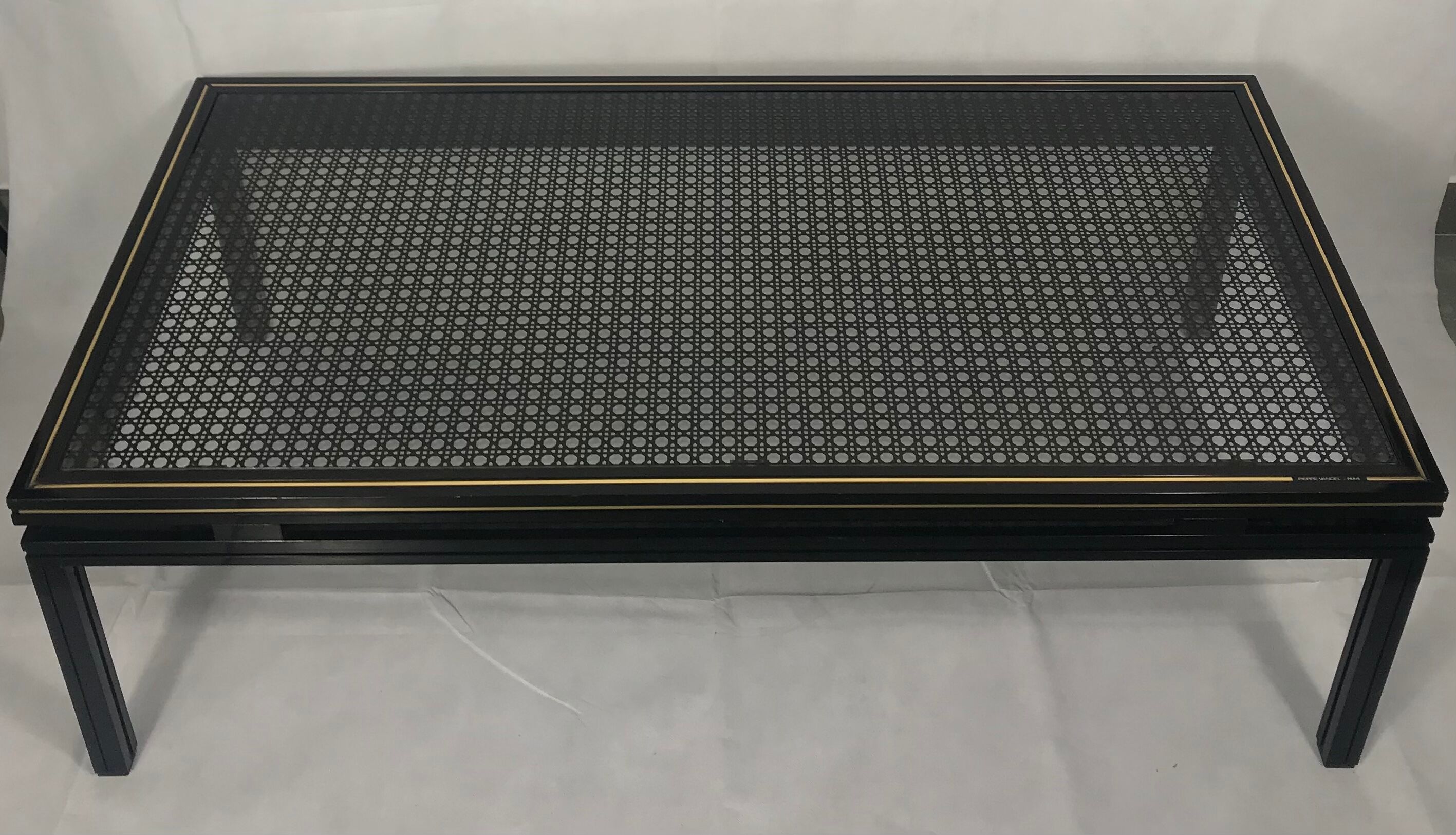 Pierre Vandel coffee table, glass with black cane pattern