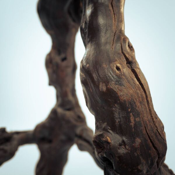 4 tabourets de bar sur trépied en bois de vigne et chêne, faits à la main, France, années 1950.