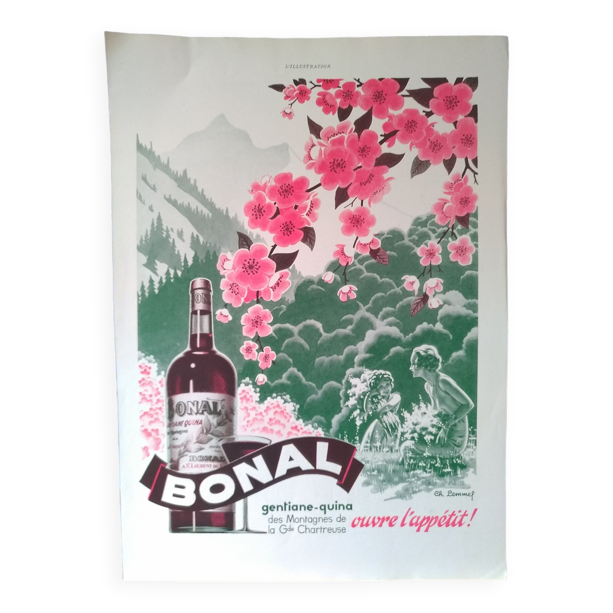 A Bonal Gentiane -quina wine paper advertisement from a 1937 magazine