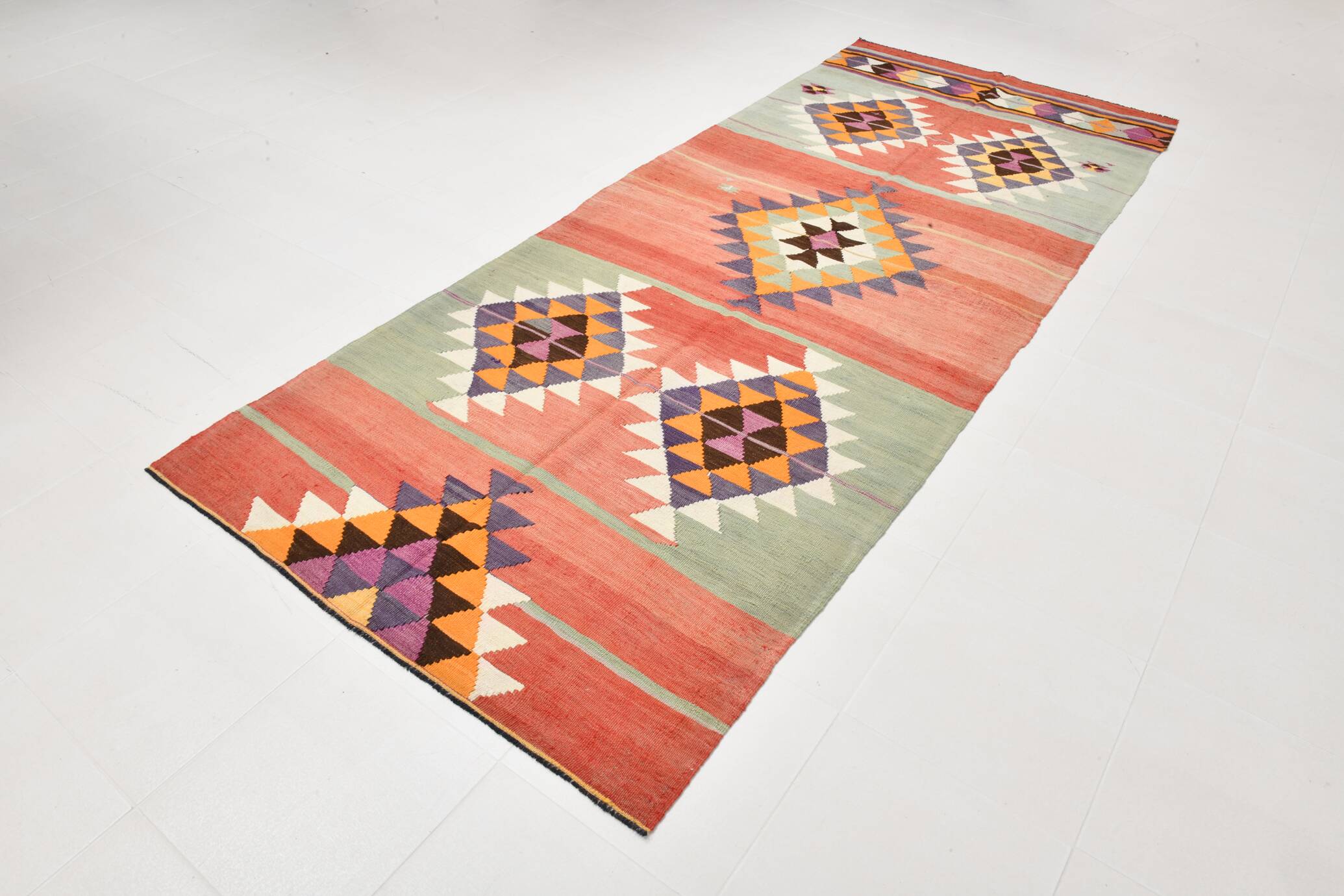 5x11 Kilim Long Wide Faded Samon Kilim Rug, Rare Style Anatolian Flatweave
